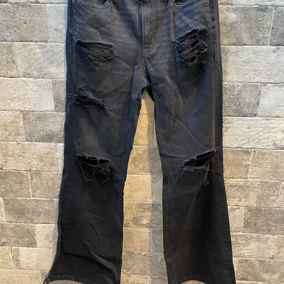 ❤️ AMERICAN EAGLE OUTFITTERS RIPPED LOW RISE BAGGY FLARE JEANS SIZE 0 SHORT - Picture 3 of 12